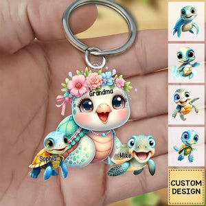 Mama/Nana Turtle With Little Kids - Personalized Acrylic Keychain - Gift For Mom, Grandma