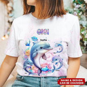 Personalized Grandma or Mom Watercolor Dolphin & Kid Names 3D T-shirt Printed