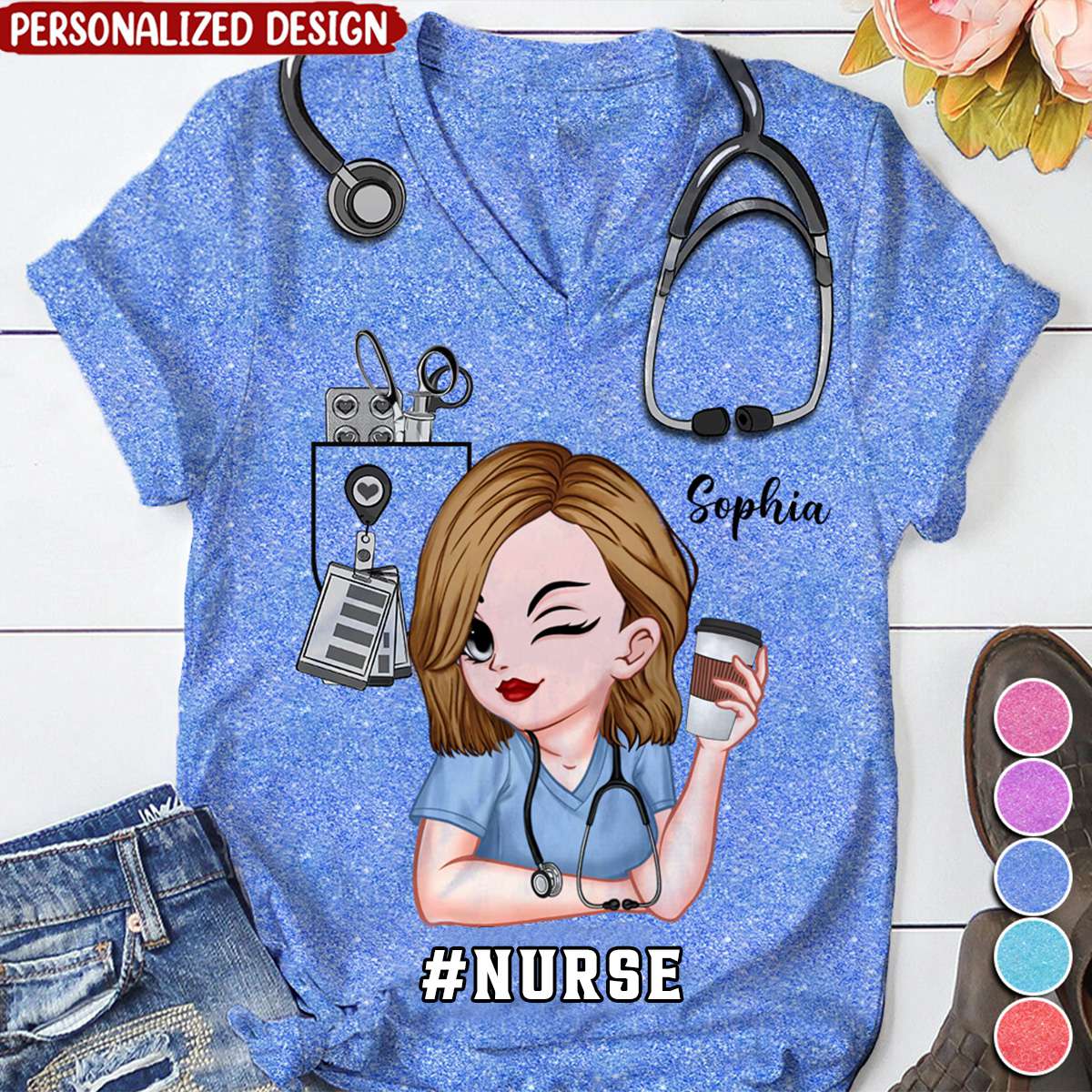 Pretty Doll Nurse Scrub Healthcare Worker-Personalized V-neck 3D T-shi ...