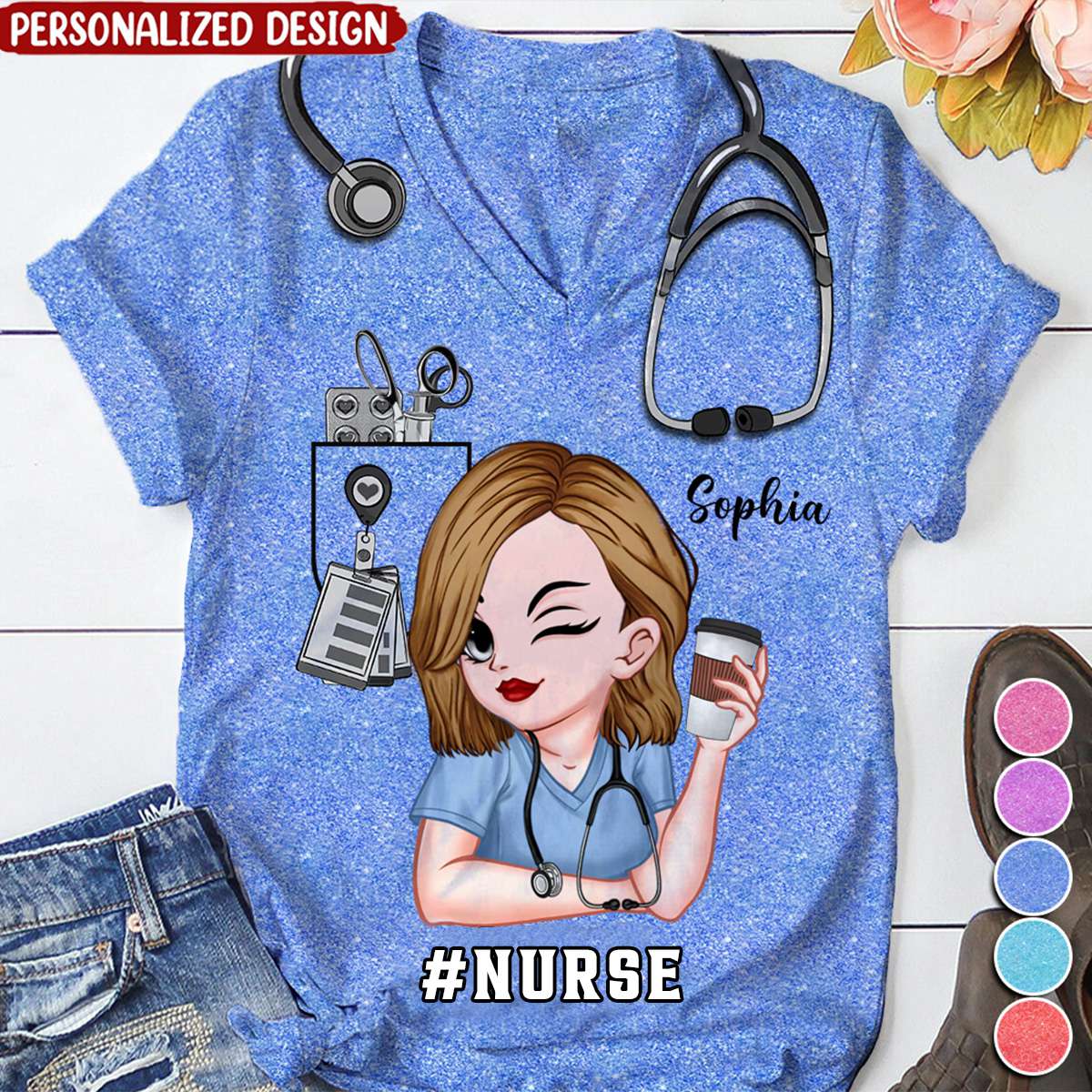 Pretty Doll Nurse Scrub Healthcare Worker-Personalized V-neck 3D T-shirt