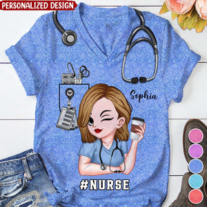 Pretty Doll Nurse Scrub Healthcare Worker-Personalized V-neck 3D T-shirt