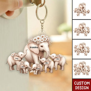 Mama Elephant With Little Kids Personalized Acrylic Keychain - Mother's Day Gift