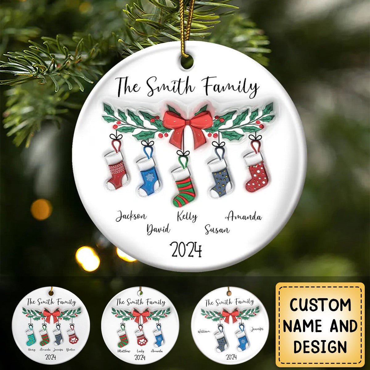 2024 New Release-Family Stocking - 3D Inflated Effect Printed Ornament, Personalized Circle Ceramic Ornament