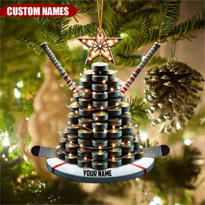 Personalized Hockey Christmas Ornament with Puck Tree and Sticks - Gift For Hockey Lovers - 2024 New Release