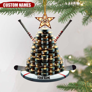 Personalized Hockey Christmas Ornament with Puck Tree and Sticks - Gift For Hockey Lovers - 2024 New Release