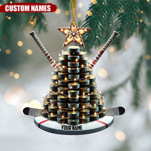 Personalized Hockey Christmas Ornament with Puck Tree and Sticks - Gift For Hockey Lovers - 2024 New Release