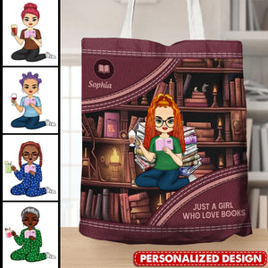 Just A Girl Who Loves Books-Personalized Girl Reading Book Canvas Bag - Gift Idea For Reading Lover