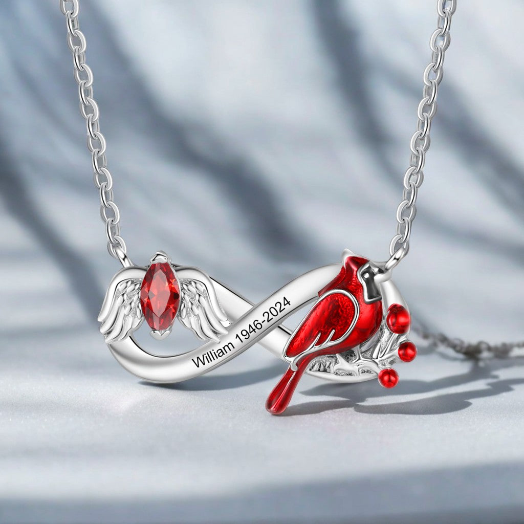 Personalised Angel Wing Cardinal Memorial Birthstone Infinity Necklace