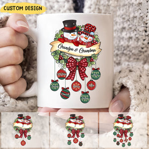 Snowman Grandpa & Grandma Mom & Dad Christmas Ball Kids Personalized Mug