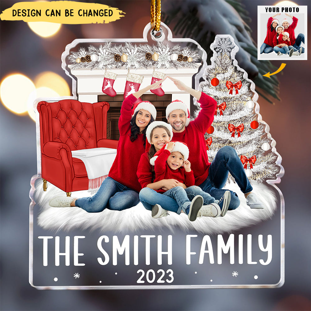 Beside The Fireplace Xmas Family Upload Photo 2023 - Personalized Acrylic Photo Ornament