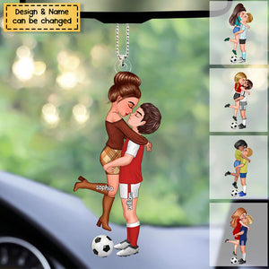 Soccer Hugging Couple - Personalized Acrylic Car Hanging Ornament, Gift For Soccer Lovers