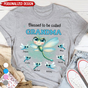 Blessed to be called Grandma Cute Dragonfly Grandkids Personalized White T-shirt