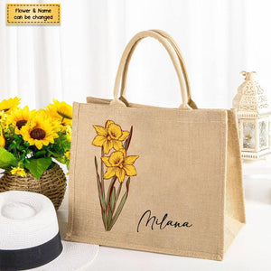 Personalized Birth Flower Beach Jute Tote Bag