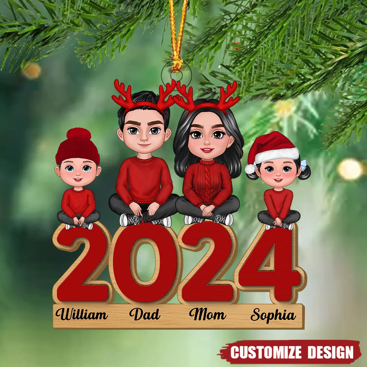 Family Sitting 2024 Christmas Personalized Wooden Ornament - 2024 New Release