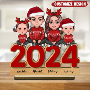 Family Sitting On 2024 Personalized 2-Layer Standing Wooden Plaque - Christmas Tier Tray Decoration