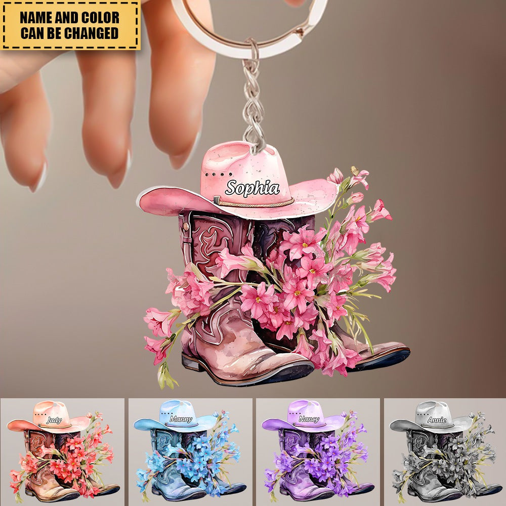 Personalized Boots And Hat With Flower Cowgirl / Cowboy Keychian