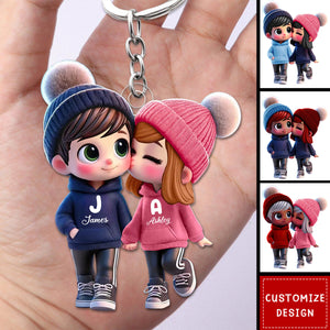 Cute Cartoon Couple Walking Personalized Acrylic Keychain-Gift For Couple