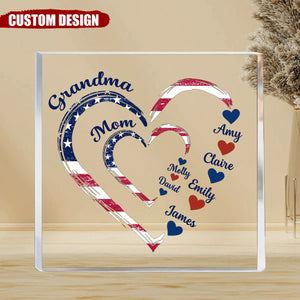 4th of July Grandma Mom Kids Heart In Heart - Personalized Square Shaped Acrylic Plaque