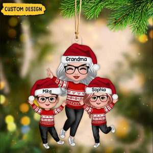 2024 New Release - Happy Christmas Doll Grandma With Grandkids Personalized Acrylic Ornament, Gift For Granddaughter Grandson