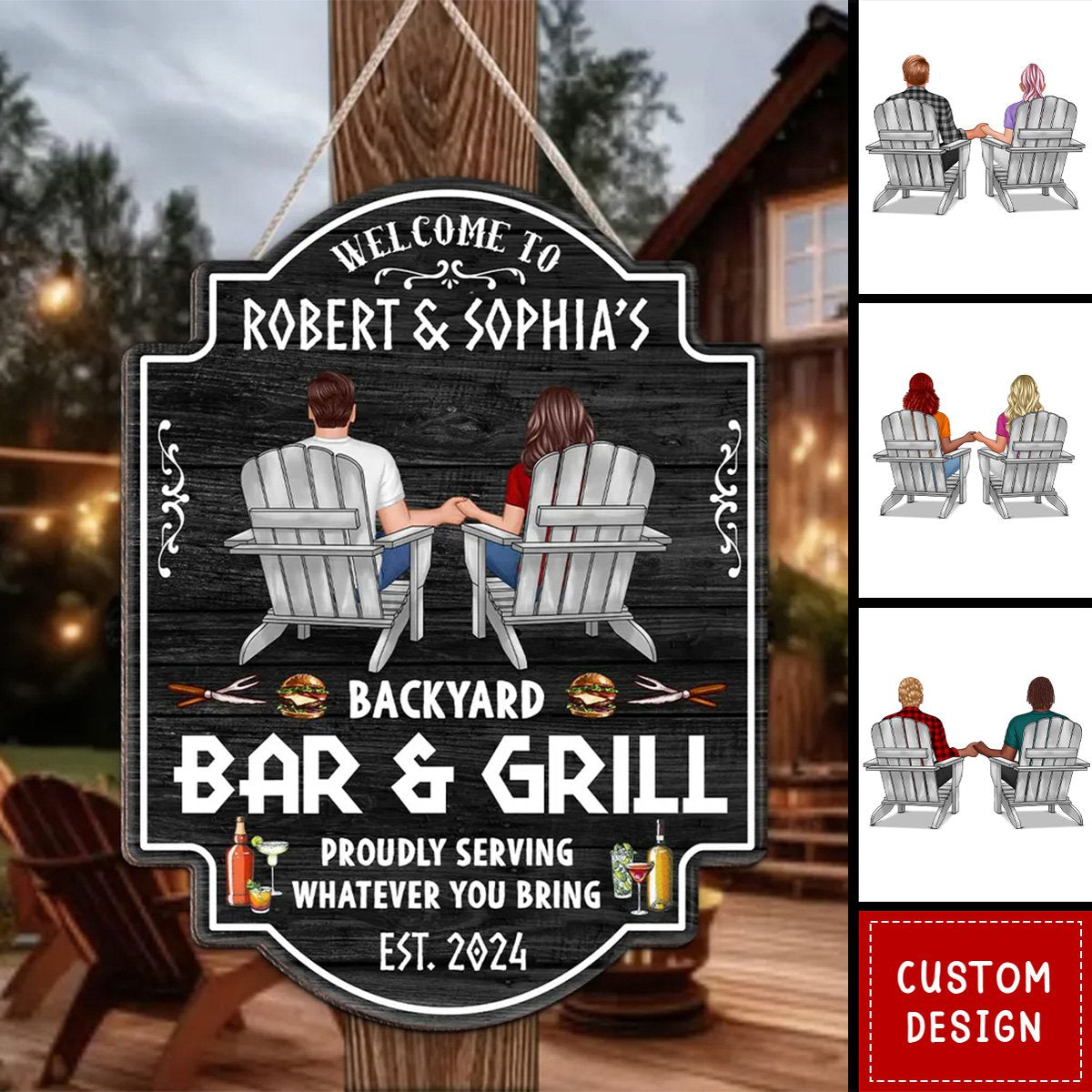 Backyard Bar & Grill Couple Sitting Personalized Wood Sign