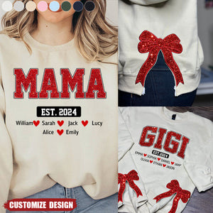 Personalized Gigi Est Glitter And Kids Christmas Bow Embellished Sweatshirt - Custom Side Bow Cut-Out Sweatshirt