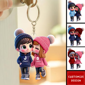 Cute Cartoon Couple Walking Personalized Acrylic Keychain-Gift For Couple