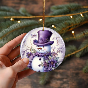 Welcome Winter Purple Christmas Snowman Ornament