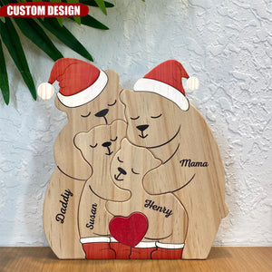 Christmas Family Bear Personalized Wooden Art Puzzle, Wooden Carvings, Gift For Family Members