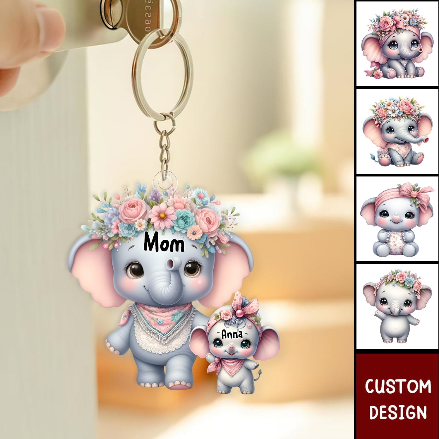 Grandma/Mama Elephant With Flowers - Personalized Acrylic Keychain - Gift For Mom, Grandma