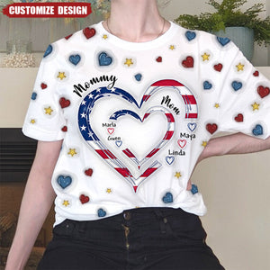 Heart Grandma Heart Mom With Kid Name 3D Inflated Effect 3D T-shirt