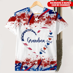 Heart With Kid Name Grandma 4th of July Personalized 3D T-shirt