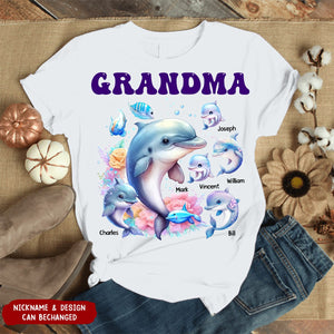 Personalized Grandma Dolphin with Kid Names Printed T-shirt