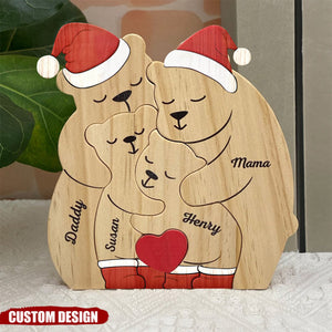 Christmas Family Bear Personalized Wooden Art Puzzle, Wooden Carvings, Gift For Family Members