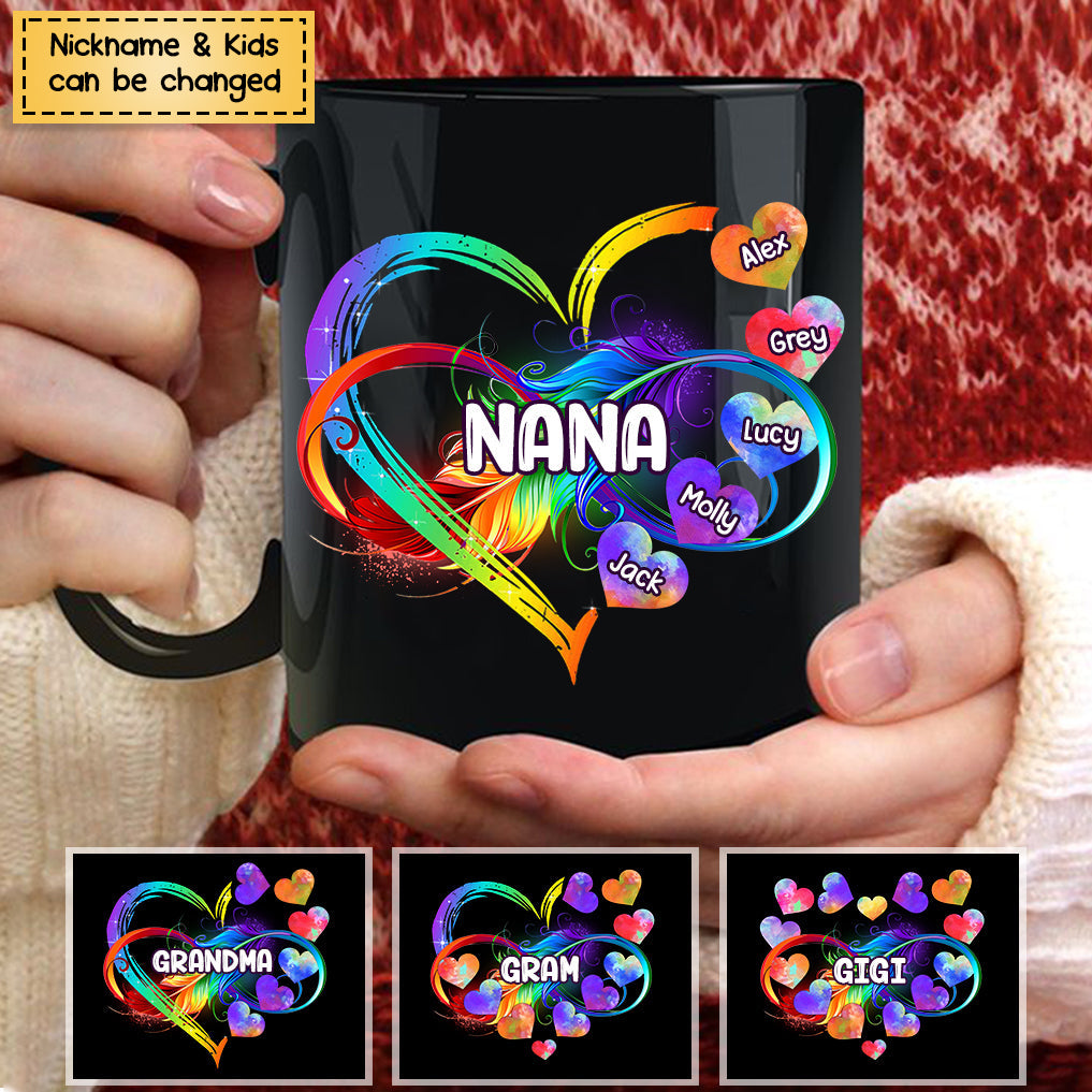 Personalized Grandma Mom Heart Infinity Rainbow Black Mug