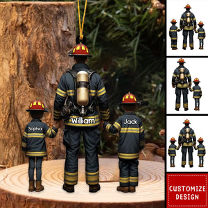 Firefighter Dad And Kids - Personalized Acrylic Ornament - Gift For Firefighter - 2024 New Release