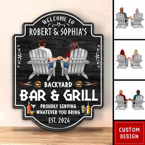 Backyard Bar & Grill Couple Sitting Personalized Wood Sign