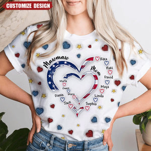 Heart Grandma Heart Mom With Kid Name 3D Inflated Effect 3D T-shirt