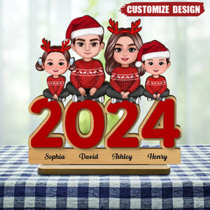 Family Sitting On 2024 Personalized 2-Layer Standing Wooden Plaque - Christmas Tier Tray Decoration