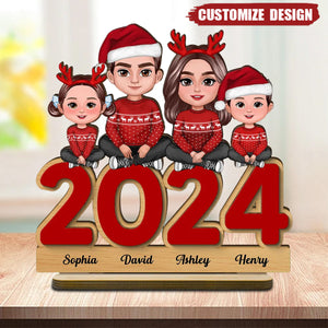 Family Sitting On 2024 Personalized 2-Layer Standing Wooden Plaque - Christmas Tier Tray Decoration