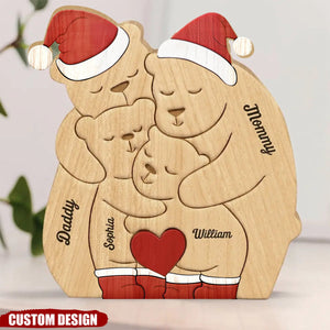 Christmas Family Bear Personalized Wooden Art Puzzle, Wooden Carvings, Gift For Family Members