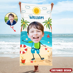 Custom Photo Playful Kids On The Beach - Personalized Beach Towel