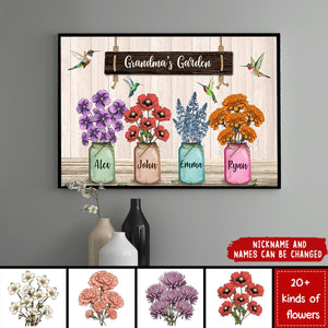 Hummingbird Custom Birth Month Flowers Grandma‘s Garden Personalized Horizontal Poster