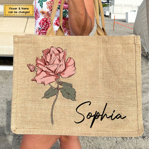 Personalized Birth Flower Beach Jute Tote Bag