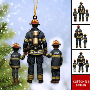 Firefighter Dad And Kids - Personalized Acrylic Ornament - Gift For Firefighter - 2024 New Release