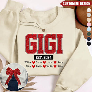 Personalized Gigi Est Glitter And Kids Christmas Bow Embellished Sweatshirt - Custom Side Bow Cut-Out Sweatshirt