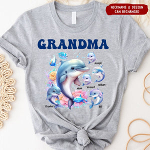 Personalized Grandma Dolphin with Kid Names Printed T-shirt