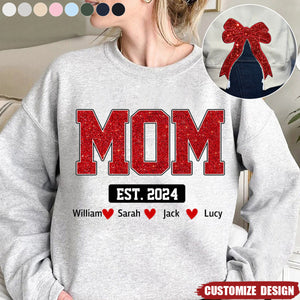 Personalized Gigi Est Glitter And Kids Christmas Bow Embellished Sweatshirt - Custom Side Bow Cut-Out Sweatshirt