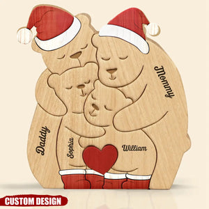 Christmas Family Bear Personalized Wooden Art Puzzle, Wooden Carvings, Gift For Family Members