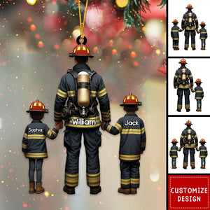 Firefighter Dad And Kids - Personalized Acrylic Ornament - Gift For Firefighter - 2024 New Release