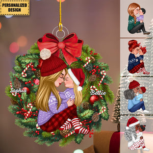 2024 New Release Grandma Mom Hugging Kid Sitting On Christmas Wreath-Personalized Acrylic Ornament